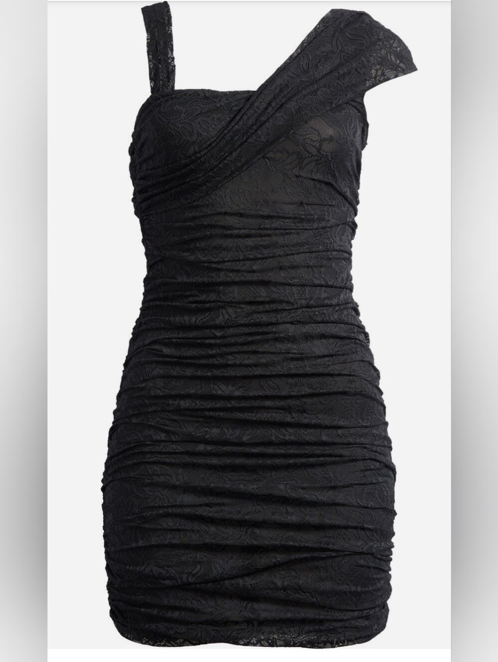 AFRM Black Otto Lace Ruched Asymmetrical Off Shoulder Mini Dress S NWT